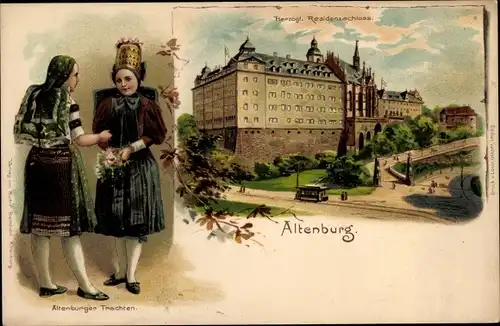 Litho Altenburg in Thüringen, Herzogliches Residenzschloss, Straßenbahn, Mädchen in Trachten