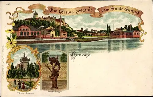 Litho Bernburg Saale, Ort mit Kriegerdenkmal und Bärenzwinger