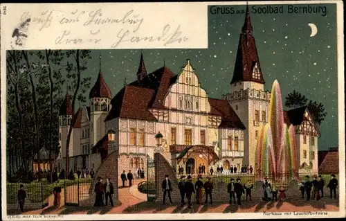 Mondschein Litho Bernburg an der Saale, Kurhaus mit Leuchtfontäne