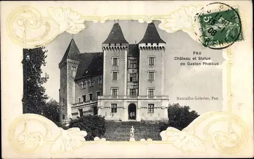 Präge Passepartout Ak Pau Pyrénées-Atlantiques, Chateau, Statue de Gaston Phoebus