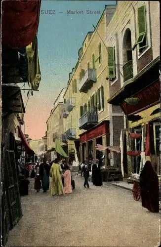 Ak Suez Ägypten, Market Street, Straßenpartie, Geschäfte