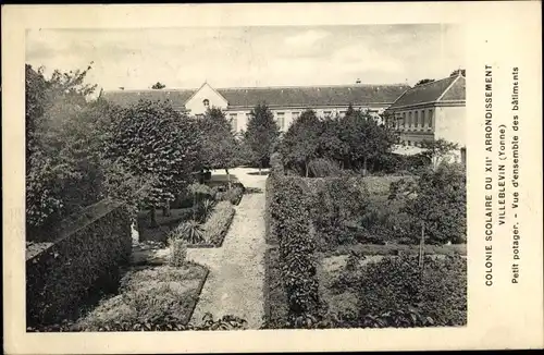 Ak Villeblevin Yonne, Colonie Scolaire du XIIe Arr., Petit potager, Vue d'ensemble des batiments