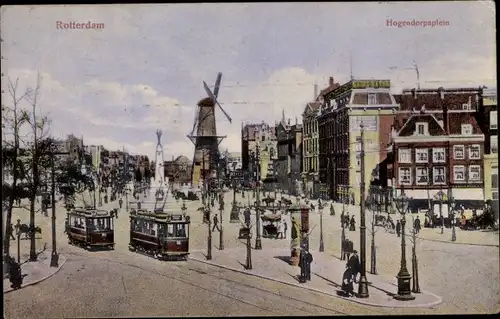 Ak Rotterdam Südholland Niederlande, Hogendorpsplein, Windmühle, Straßenbahn