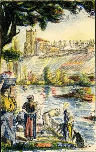 Künstler Ak Onativia, H., Segura Baskenland, Pais Vasco, Pays Basque, Frauen beim Wäschewaschen