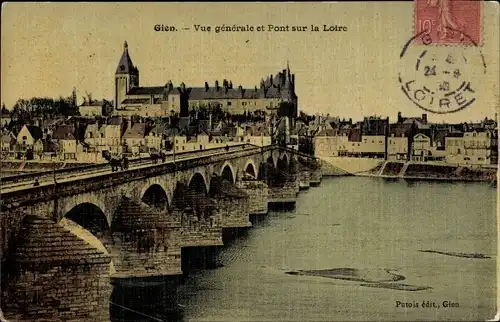 Ak Gien Loiret, Vue generale, Pont sur la Loire