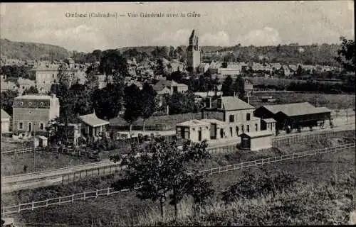 Ak Orbec Calvados, Vue Generale avec la Gare