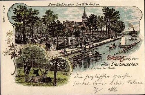 Litho Berlin Treptow, Gasthaus Zum Eierhäuschen, Boote, Hirsche