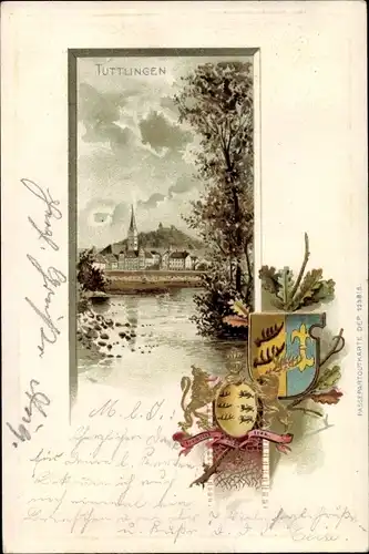 Präge Wappen Litho Tuttlingen an der Donau Württemberg, Blick auf den Ort