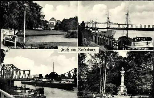 Ak Rendsburg in Schleswig Holstein, Arsenalgarten, Stadttheater, Hochbrücke, Drehbrücke