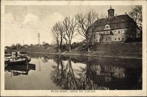 Ak Gröba Riesa an der Elbe Sachen, Hafen mit Schloss