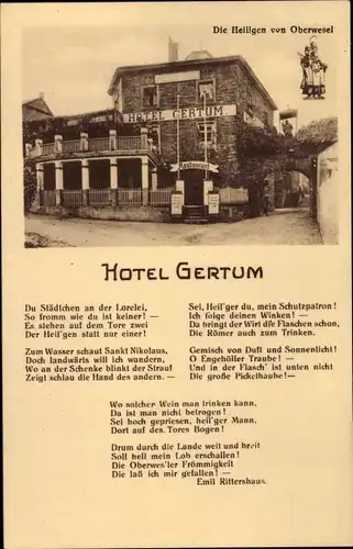 Ak Oberwesel im Rhein Hunsrück Kreis, Hotel Gertum, die Heiligen, Gedicht Emil Rittershaus