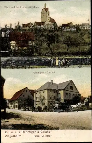 Ak Ziegelheim Nobitz Altenburger Land, Kirche, Schule, Gasthof Oehmigen