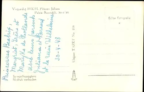 Ak Soestdijk, Juliana der Niederlande, Geburtstag 1948, Beatrix, Irene, Margriet, Christina