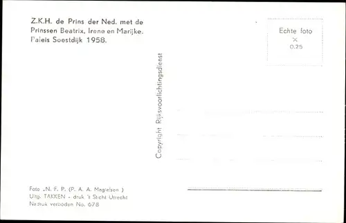 Ak Bernhard zur Lippe-Biesterfeld, Prinzessinnen Beatrix, Irene, Marijke, 1958