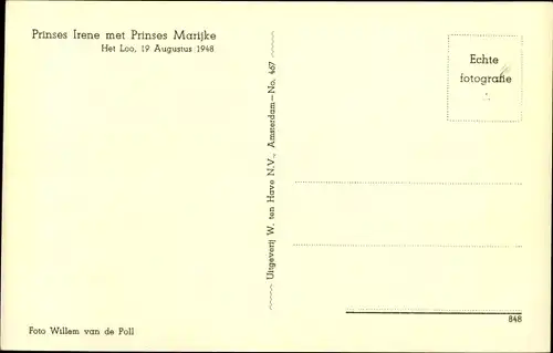Ak Prinzessin Irene der Niederlande mit Prinzessin Marijke, Het Loo 1948