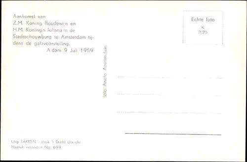 Ak Amsterdam Nordholland, König Baudouin von Belgien, Königin Juliana der Niederlande, Beatrix, 1959