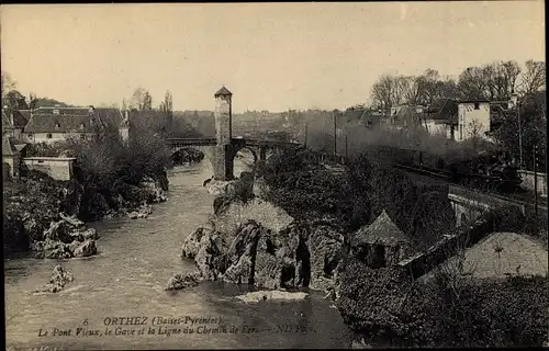 Ak Orthez Pyrénées Atlantiques, Le Pont Vieux, Le Gave, Ligne du Chemin de Fer