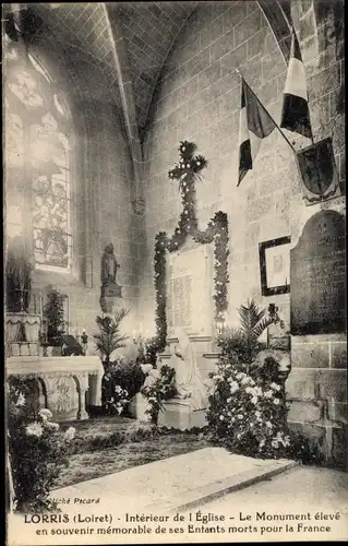 Ak Lorris Loiret, Interieur de l'Eglise, Le Monument des Morts