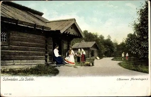 Ak Skansen Stockholm Schweden, Morastugan, Ortspartie, Menschen in Tracht