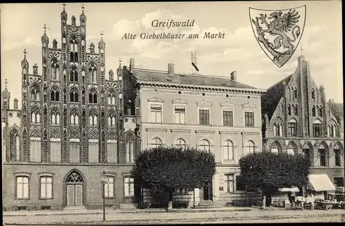 Wappen Ak Hansestadt Greifswald, Alte Giebelhäuser am Markt