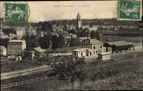 Ak Orbec Calvados, Vue generale, Bahnhof