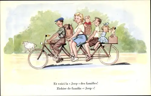 Ak La Jeep des familles, Familie auf einem Fahrrad, Tandem