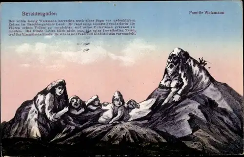 Künstler Ak Berchtesgaden in Oberbayern, Familie Watzmann, Berggesichter