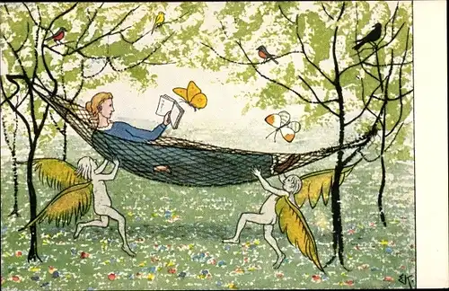 Künstler Ak Kreidolf, Ernst, In der Hängematte, Engel, Schmetterlinge