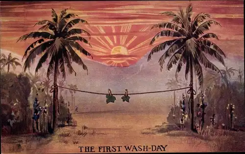 Künstler Ak The First Wash Day, Feigenblätter auf der Wäscheleine im Garten Eden