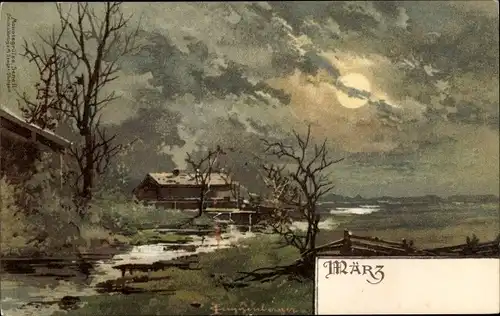 Künstler Litho Guggenberger, Allegorie März, Landschaft im Mondschein