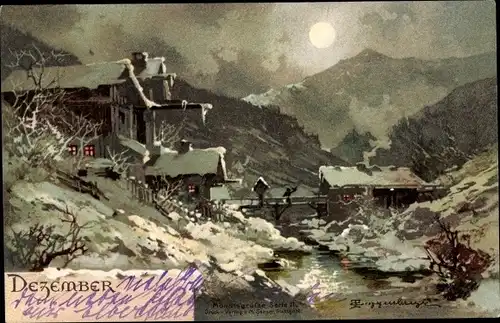 Künstler Ak Guggenberger, Dezember, Winterlandschaft, Haus an einem Fluss, Mondlicht