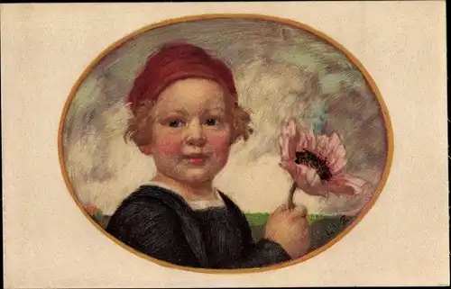 Künstler Ak Zumbusch, Ludwig von, Bayerischer Blumentag 1913, Junge mit Mohnblüte