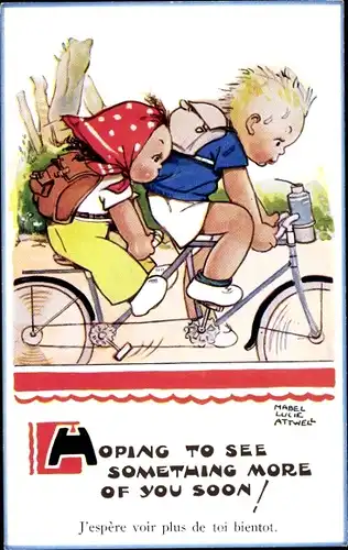 Künstler Ak Attwell, Mabel Lucy, Mädchen und Junge auf einem Fahrrad, Tandem