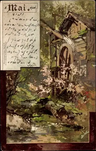 Künstler Litho Guggenberger, Allegorie, Mai, Wasserrad, Frühling, Wassermühle