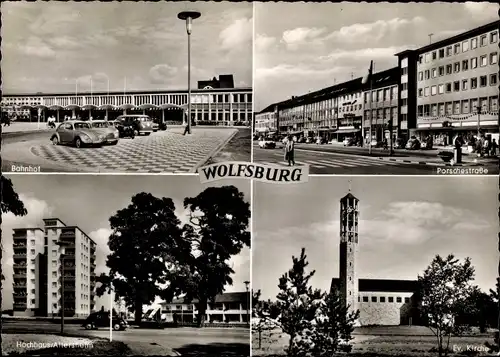 Ak Wolfsburg in Niedersachsen, Ev. Kirche, Hochhaus, Bahnhof Front, Porschestraße