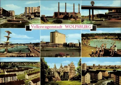 Ak Wolfsburg in Niedersachsen, Schwimmbad, VW Werk, Wohnhäuser, Schloss