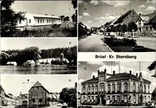 Ak Brüel in Mecklenburg, Landambulatorium, Rathaus, Spiegelberg, August Bebel Platz