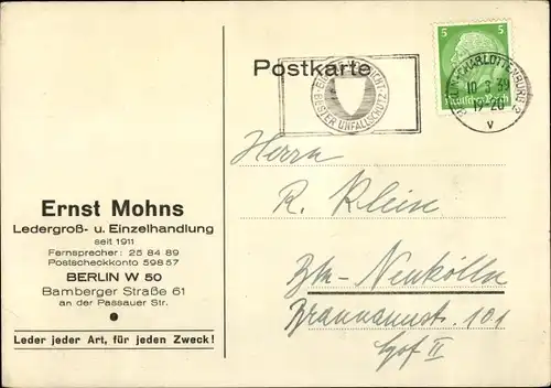 Ak Berlin Mitte, Ernst Mohns, Ledergroß und Einzelhandlung, Bamberger Straße 61