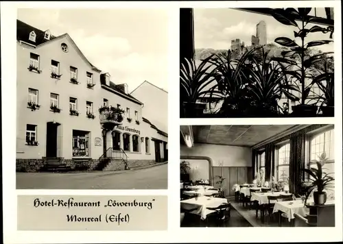 Ak Monreal Eifel, Haus Löwenburg, Inh. Josef Steffens, Café Restaurant, Speisesaal, Blick zur Burg