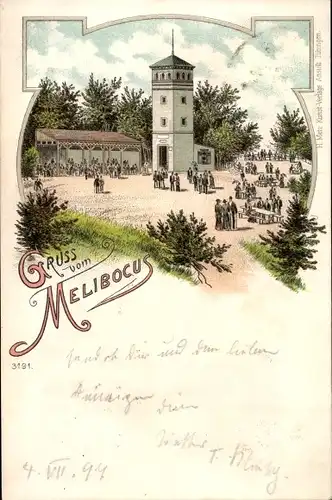 Litho Auerbach Bensheim an der Bergstraße Hessen, Melibocus, Berggasthaus, Turm