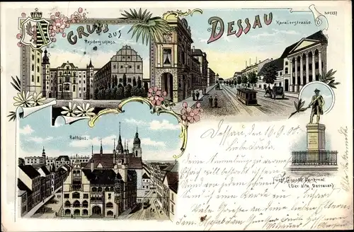 Litho Dessau in Sachsen Anhalt, Rathaus, Kavalierstraße, Residenzschloss, Denkmal Der alte Dessauer