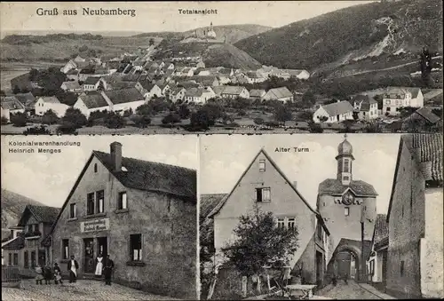 Ak Neu Bamberg in Rheinland Pfalz, Kolonialwarenhandlung, Totalansicht, alter Turm