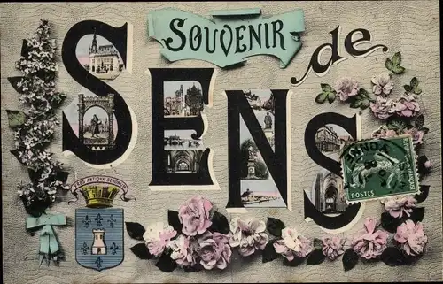 Buchstaben Ak Sens Yonne, Wappen, Stadtansichten, Rosen, Souvenir