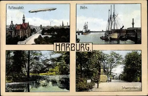 Ak Hamburg Harburg, Zeppelin über Rathausplatz, Hafen, Schwarzenberg, Schwanenteich