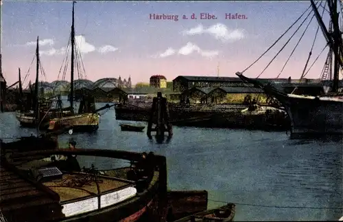 Ak Hamburg Harburg, Hafenbild