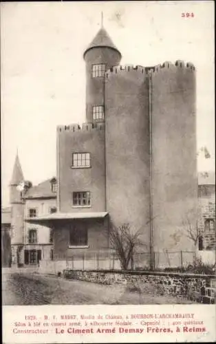 Ak Bourbon l'Archambault Allier, Moulin du Chateau, Silos, Le Ciment Armé Demay Frères, Reims