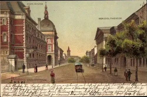 Litho Dessau in Sachsen Anhalt, Herzogl. Theater, Schloss, Straßenpartie