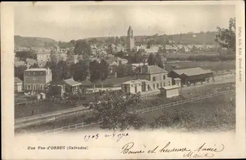 Ak Orbec Calvados, Une Vue, Blick auf den Ort, Bahnhof