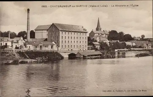 Ak Chateauneuf sur Sarthe Maine-et-Loire, La Minoterie et l'Eglise