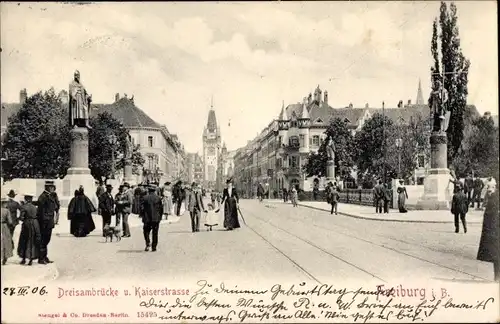 Ak Freiburg im Breisgau Baden Württemberg, Dreisambrücke, Kaiserstraße